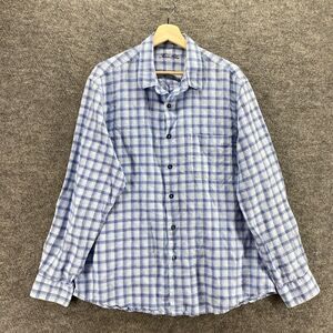Fasso Ella Shirt Men XL Blue Plaid Button Up Collared Long Sleeve Linen Pockets